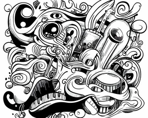 Monochrome Doodle Art Background Design, Abstract Swirls, Music Instruments, Urban Style, Print, Web.
