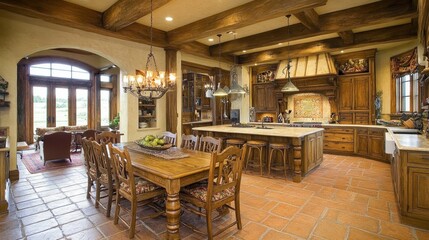 Rustic Elegant Kitchen with Wooden Furniture and Spacious Dining Area