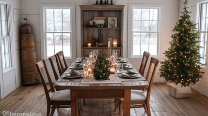 Obraz premium Cozy Winter Dinner Table Decorated with Greenery and Candles