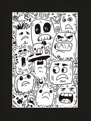 Monochrome doodle art featuring expressive faces, chaotic background, suitable for t-shirt prints.