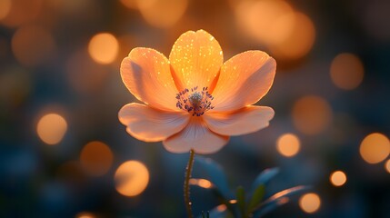 Glowing Orange Flower with Dewdrops and Bokeh