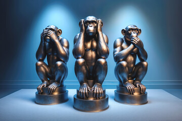 Stylish bronze sculptures of three wise monkeys, symbolizing hear no evil, speak no evil, see no evil.