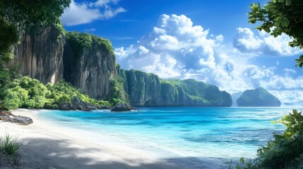 Fototapeta premium Serene Tropical Beach with Lush Green Cliffs and Clear Blue Sky