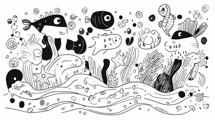 Monochrome ocean life illustration; playful fish, seaweed, bubbles; underwater scene; children's book, textile design.