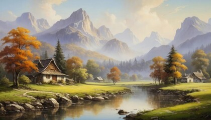 Fototapeta premium Serene Autumnal Mountain Valley Landscape Painting