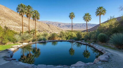 Obraz premium Serene Desert Oasis Surrounded by Palm Trees and Rocky Mountains