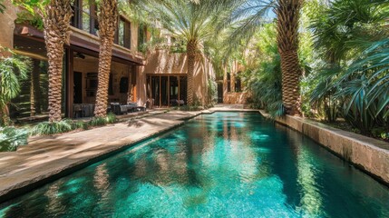 Fototapeta premium Serene Tropical Oasis with Palm Trees and Reflective Pool Waters