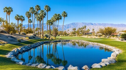 Serene Palm Trees Surrounding Tranquil Pond in Desert Landscape