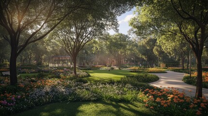 Fototapeta premium Serene Garden Landscape with Vibrant Flowers and Lush Greenery
