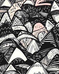 Pink Black White Mountain Range Pattern Textile Design Background.