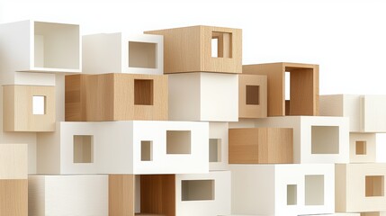 A modern arrangement of wooden boxes showcasing stylish design and elegant architecture for contemporary interiors.