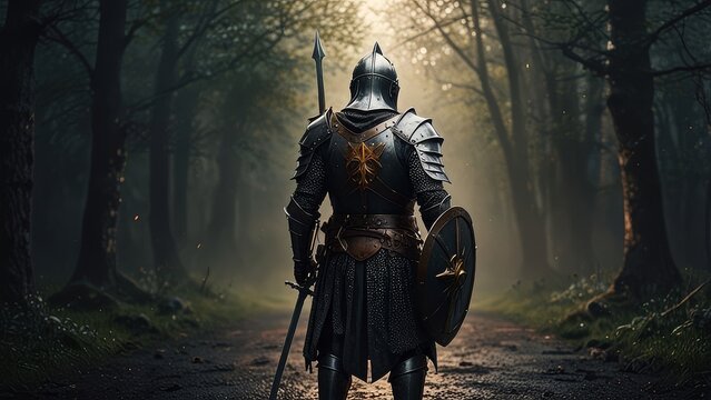view of epic powerful medieval knight with sword and metal shield guardian warrior, mystic fantasy battle