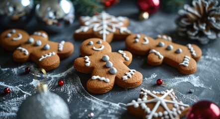 Festive Christmas Background with Silver Stars and Gingerbread Men
