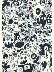 Playful monster doodle background design for kids' Halloween party.