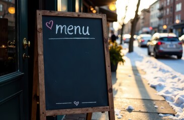 Black vertical signboard in wooden frame with mockup for menu, decorated with pink hearts. Valentine's day in cafes and restaurants specials. Winter street and window shop on background, copy space