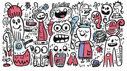 Playful monsters party doodle art background illustration for kids design.