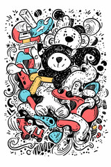 Obraz premium Playful Panda Scooter Doodle Illustration, Whimsical Background, Children's Book, Card Design.