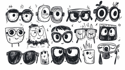 Quirky Doodle Eyeglass Characters Illustration Set, White Background, Graphic Design Elements.