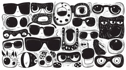 Quirky doodle faces wearing sunglasses; graphic design element; white background; for website, print, or social media.