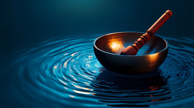 A serene meditation scene featuring a singing bowl being struck, creating ripples in water under soft lighting, symbolizing the healing power of sound vibrations. Oscillation. Illustration