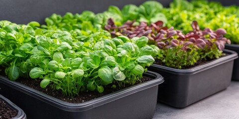 Fresh, vibrant seedlings in black trays showcasing various greens, ready for planting or harvesting in a garden setting.
