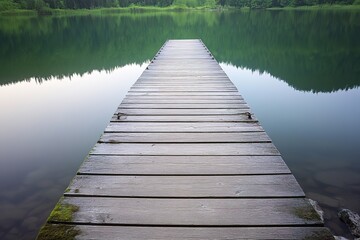 Obraz premium Wooden dock stretches over serene water, surrounded by lush gree