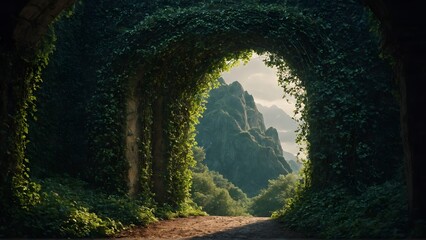 Obraz premium Mystical Fantasy Scene with Portal Archway Adorned with Creeping Vines Leading to Ancient Magical Dimension 
