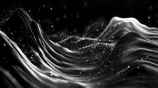 Abstract black and white wave design resembling sound waves with scattered particles creating a dynamic and modern look. Oscillation. Illustration