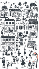 Sketchy Village Scene bustling town illustration, playful doodles, white background, ideal for children's book.