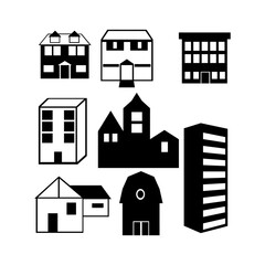 Fototapeta premium house, home, building, icon, vector, architecture, set, city, illustration, design, estate, symbol, urban, silhouette, window, town, roof, icons, buildings, construction, black, cottage, art, resident