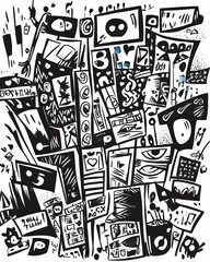 Urban chaos monochrome sketch; city, graphic, abstract art, background, design.