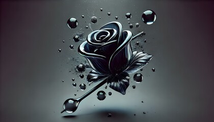 Glass blowing effect on a black rose. The transparency and fluidity of glass conveys the essence of the object in artistic form.