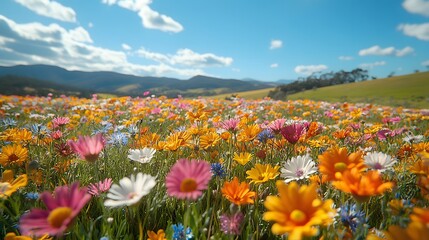 Fototapeta premium Vibrant Wildflower Meadow with Mountain View