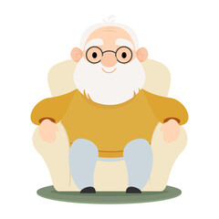 Senior elderly man sits in a soft armchair at home