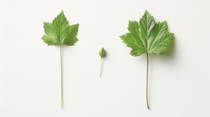 Fototapeta premium Two green leaves and a bud on white background.