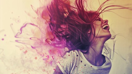 Joyful woman with vibrant, flowing hair.