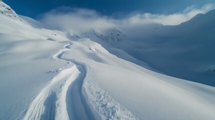 A Serene Snow-Covered Mountain Trail, Snowshoes and Ski Tracks Winding Through Winter Beauty