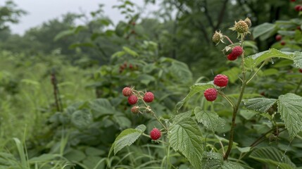 Ripe raspberries on a bush after rain.