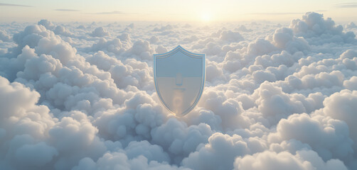 A serene and ethereal 3D rendering of a protective shield suspended amidst a sea of soft, white clouds, set against a gentle, gradient sky of pale blues and creamy whites, conveying a sense of safety.