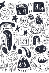 Whimsical black and white doodles, abstract art, design elements, digital paper, background texture, website decoration.
