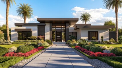 Modern House Exterior with Lush Garden and Clear Blue Sky