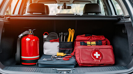 Car emergency travel kit neatly organized inside the trunk of a modern car with essential safety items