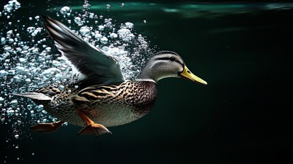 Female mallard duck diving underwater, wings outstretched, surrounded by bubbles.