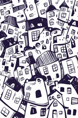 Whimsical Cityscape Illustration Densely Packed Houses, Background Abstract, Design Element.