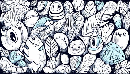 Fototapeta premium Whimsical Doodle Animals & Plants, Dark Background, Illustration, Design Element.