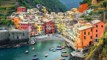 Colorful Coastal Village with Boats in Serene Mediterranean Bay