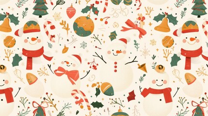 A festive pattern featuring snowmen, ornaments, and holiday decorations.