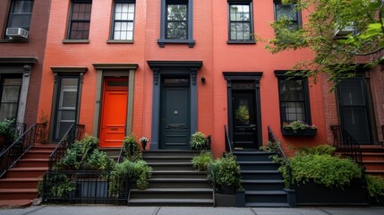 Naklejka premium Vibrant Urban Brownstone Facades with Lush Greenery in City