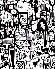Obraz premium Whimsical doodle city background pattern illustration, black white, graphic design element.