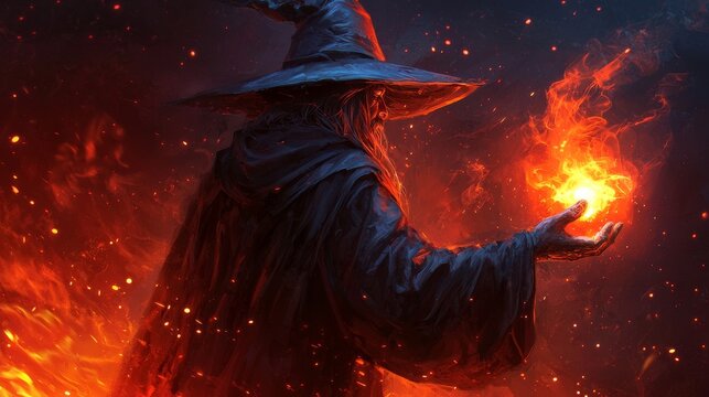 A powerful sorcerer conjures fire amidst swirling flames, embodying magic and mystique in a dramatic, fiery landscape.